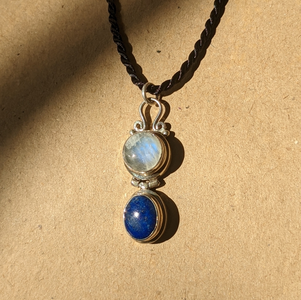 Sterling silver rainbow moonstone and sodalite pendant with free satin cord